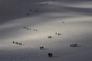 Roped parties of climbers walk on a glacier marking the border between Switzerland Roped parties of climbers walk on a glacier marking the border between Switzerland