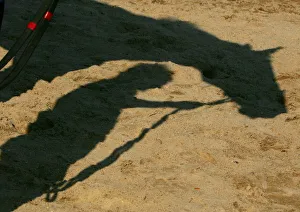 A shadow of horse and stable assistant is cast on the ground inside Tuen Mun Public A shadow of horse and stable assistant is cast on the ground inside Tuen Mun Public