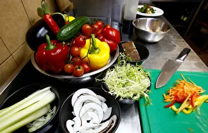 Vegetables are seen in vegetarian restaurant Green Cuisine in Minsk Vegetables are seen in vegetarian restaurant Green Cuisine in Minsk