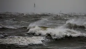 Waves at the North Sea are pictured at a quay wall in Cuxhaven Waves at the North Sea are pictured at a quay wall in Cuxhaven