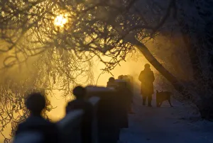 A woman walks with a dog on the embankment of a river in Moscow A woman walks with a dog on the embankment of a river in Moscow