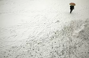 Bulgaria Collection: Woman walks with umbrella during snowfall in downtown Sofia