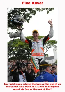 Five Alive Ian Hutchinson salutes the fans at TT 2010 Print
