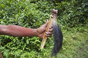 Huli Wigman Hale Johu showing his purse a hollowed out cassowary leg bone where money is Huli Wigman Hale Johu showing his purse a hollowed out cassowary leg bone where money is