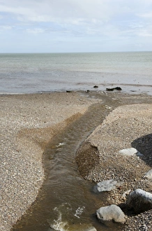 Seaside Town In Devon Prints: Outlet of the River Sid onto the shingle beach of Sidmouth in Devon