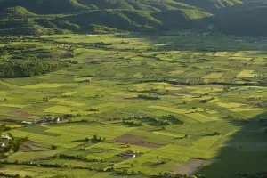 Italian Mountain Landscape Prints: View of field patterns in mountain valley