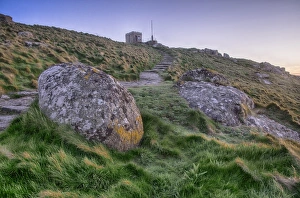 English Coastline Views Prints: View of coastal pathway to watchtower, Sennen Cove, Sennen, Cornwall, England, May