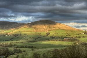 Spring Collection: View across farmland towards fell, Parlick Fell, Forest of Bowland, Lancashire, England, November