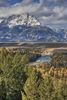 Snake River Wyoming Prints: View of mountain range and forested river valley