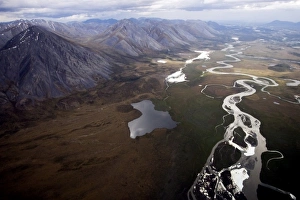 An aerial view of the Brooks mountain range and arctic valley where it is purported An aerial view of the Brooks mountain range and arctic valley where it is purported