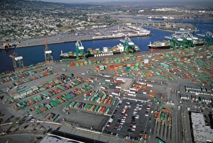 Aerial view of container yard with ships at Port of Long Beach, California Aerial view of container yard with ships at Port of Long Beach, California