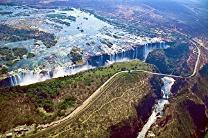 Aerial view of Victoria Falls, Waterfall, and the Zambesi River, Zimbabwe, Africa Aerial view of Victoria Falls, Waterfall, and the Zambesi River, Zimbabwe, Africa