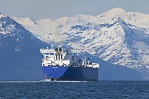 Alaska, Prince William Sound, an empty oil tanker, enters Valdez Narrows inbound Alaska, Prince William Sound, an empty oil tanker, enters Valdez Narrows inbound