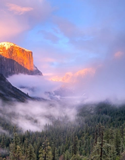 Alpenglow. Sunset colors the top of El Capitan. Yosemite, California, USA Alpenglow. Sunset colors the top of El Capitan. Yosemite, California, USA