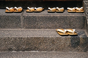 Asia, Japan, Kyoto. Zori sandals on steps of a shrine Asia, Japan, Kyoto. Zori sandals on steps of a shrine