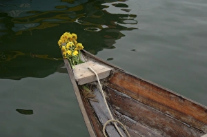 Asia, Vietnam. Traditional Vietnamese boat with flowers on the bow, Hoi An, Quang Asia, Vietnam. Traditional Vietnamese boat with flowers on the bow, Hoi An, Quang