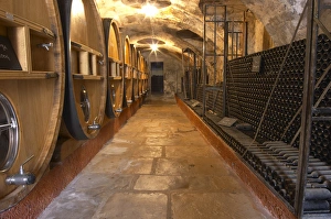 Barrels of wine aging in the cellar Piles of old bottles aging in the cellar Chateau Barrels of wine aging in the cellar Piles of old bottles aging in the cellar Chateau