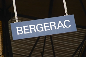 The Bergerac train station. Detail of the sign on the platform. Bergerac Dordogne France The Bergerac train station. Detail of the sign on the platform. Bergerac Dordogne France