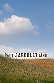 A big white sign with black letters Paul Jaboulet Aine against a blue sky, in front A big white sign with black letters Paul Jaboulet Aine against a blue sky, in front