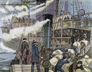 Boat carrying goods in the port of London. 19th century colored engraving Boat carrying goods in the port of London. 19th century colored engraving