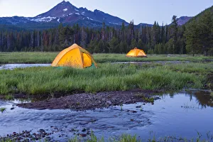 Broken Top Mountain and Camping Tent, Sparks Lake, Three Sisters Wilderness, Eastern Oregon Broken Top Mountain and Camping Tent, Sparks Lake, Three Sisters Wilderness, Eastern Oregon