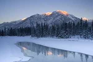 Canada, Banff, View of Mt. Edith and Sawback Range, reflection in Spray River Canada, Banff, View of Mt. Edith and Sawback Range, reflection in Spray River