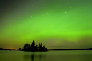 Canada, Manitoba, Whiteshell Provincial Park. Aurora borealis reflects on lake. Credit as Canada, Manitoba, Whiteshell Provincial Park. Aurora borealis reflects on lake. Credit as