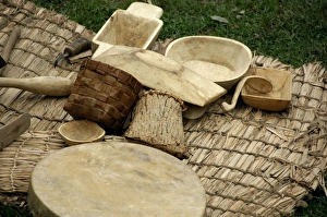 Canada, Quebec, Gaspe. Gaspe Peninsula, Micmac First Nation Indian Village, wooden household items Canada, Quebec, Gaspe. Gaspe Peninsula, Micmac First Nation Indian Village, wooden household items