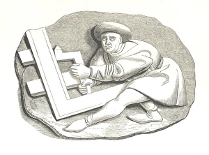 Carpenters Apprentice working on a trial piece. Medieval woodcut Carpenters Apprentice working on a trial piece. Medieval woodcut