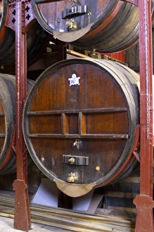 Chateau de Nouvelles. Fitou. Languedoc. Barrel cellar. Wooden fermentation and storage tanks Chateau de Nouvelles. Fitou. Languedoc. Barrel cellar. Wooden fermentation and storage tanks
