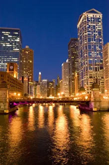Chicago, Illinois, Skyline and Chicago River at Night Chicago, Illinois, Skyline and Chicago River at Night