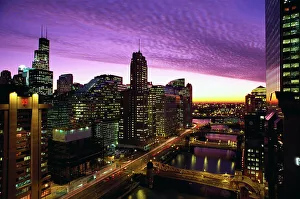 Chicago skyline and river looking west at sunset Chicago skyline and river looking west at sunset