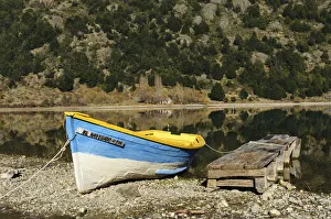 Chile, Aysen, Bertrand, Baker River. Fishing boat on the shore of Lago Bertrand Chile, Aysen, Bertrand, Baker River. Fishing boat on the shore of Lago Bertrand