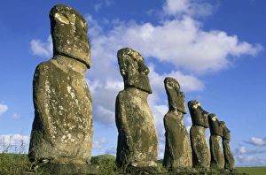 Easter Island Tourism Prints: Chile, Easter Island, Rapa Nui, Ahu Akivi Ceremonial Site, Moai stone heads