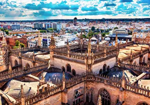 Cityscape, City View, Tower from Giralda Spire, Bell Tower, Seville Cathedral, Andalusia Spain Cityscape, City View, Tower from Giralda Spire, Bell Tower, Seville Cathedral, Andalusia Spain
