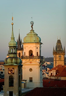 Clock Tower in Clementinum, Observatory Tower, Old Town Hall Tower, Prague, Czech Clock Tower in Clementinum, Observatory Tower, Old Town Hall Tower, Prague, Czech