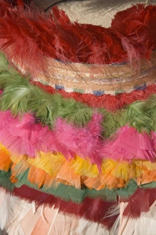Close-up of feathers on elaborate hat worn during traditional dances, Taquile Island Close-up of feathers on elaborate hat worn during traditional dances, Taquile Island