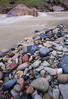 Colorful rocks on the edge of the rushing Virgin River, Zion National Park, Utah, USA Colorful rocks on the edge of the rushing Virgin River, Zion National Park, Utah, USA