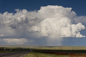 Cumulus clouds and virga hitting the ground (observable streak or shaft of precipitation Cumulus clouds and virga hitting the ground (observable streak or shaft of precipitation