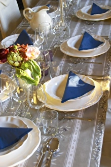 The dining room table set with flowers and decorative vegetables for dinner guests The dining room table set with flowers and decorative vegetables for dinner guests