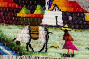 Ecuador, Quito area, Otavalo Handicraft Market. Detail of traditional wool souvenir rug Ecuador, Quito area, Otavalo Handicraft Market. Detail of traditional wool souvenir rug