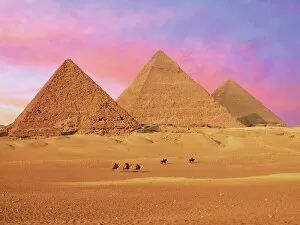 Archaeological Collection: Egypt, Cairo, Giza, View of all three Great Pyramids at sunset