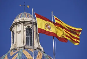 EU, Spain, Catalonia, Palau de la Generalitat. Flags of Spain and Catalonia EU, Spain, Catalonia, Palau de la Generalitat. Flags of Spain and Catalonia