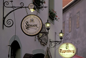 Europe, Czech Republic, South Bohemia, Cesky Krumlov Inner town cafe signs, evening Europe, Czech Republic, South Bohemia, Cesky Krumlov Inner town cafe signs, evening
