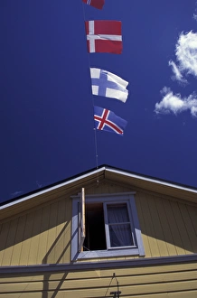 Europe, Finland, Porvoo, Old Town. Scandinavian flags Europe, Finland, Porvoo, Old Town. Scandinavian flags