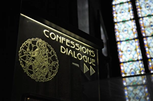 Europe, France, Paris. Confessions Dialogue sign, Notre Dame Cathedral Europe, France, Paris. Confessions Dialogue sign, Notre Dame Cathedral