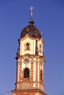 Europe, Germany, Bavaria, Mittenwald. Church steeple Europe, Germany, Bavaria, Mittenwald. Church steeple