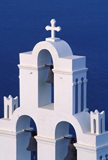 Europe, Greece, Santorini. Coastal bell towers Europe, Greece, Santorini. Coastal bell towers