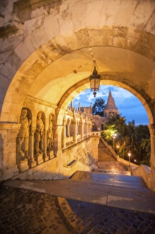 Europe, Hungary, Budapest, Buda, Fishermans Bastion at night Europe, Hungary, Budapest, Buda, Fishermans Bastion at night