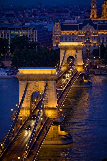 Europe, Hungary, Budapest. Chain Bridge lit at night Europe, Hungary, Budapest. Chain Bridge lit at night
